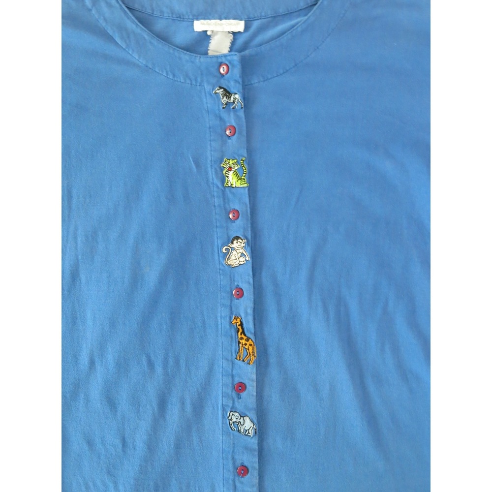 Vintage Maidenform Blue Button Front Nightgown African Animal Embroidered Large - Picture 3 of 7